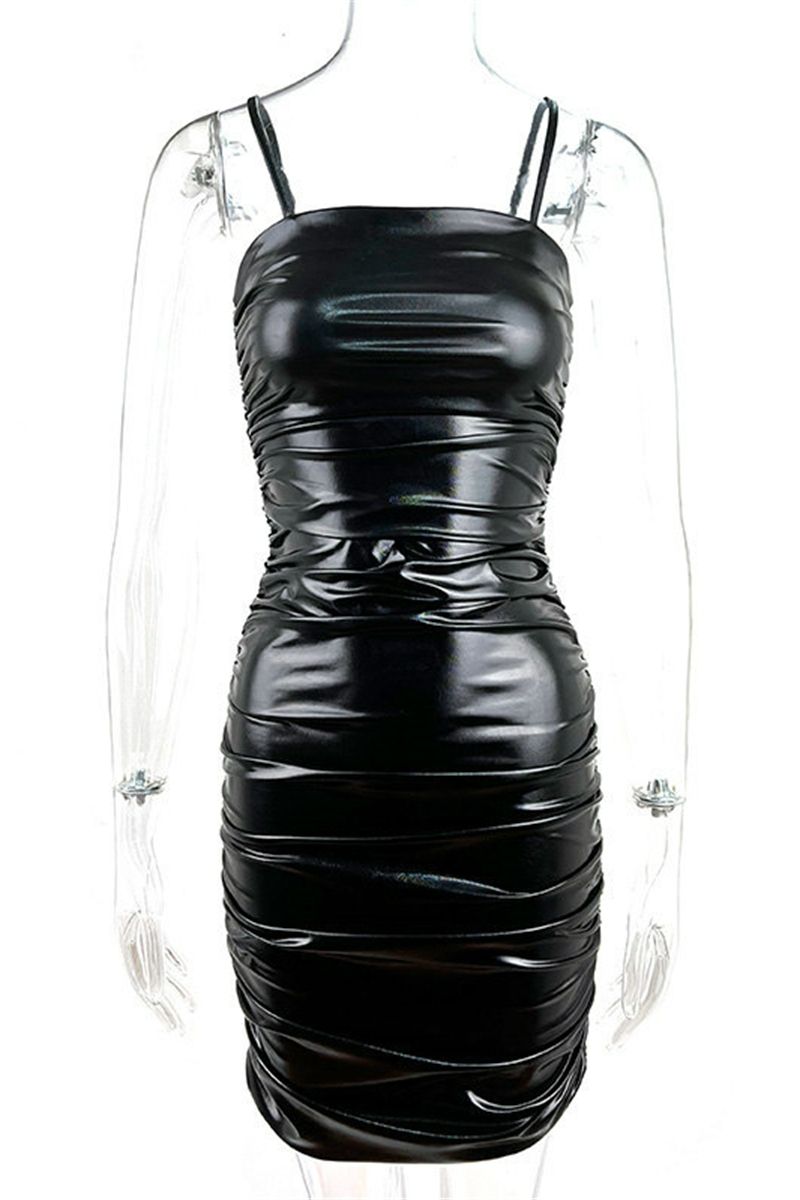 Black Pleated Zip-Up Slim Fit Stretch Mini Dress Size: L