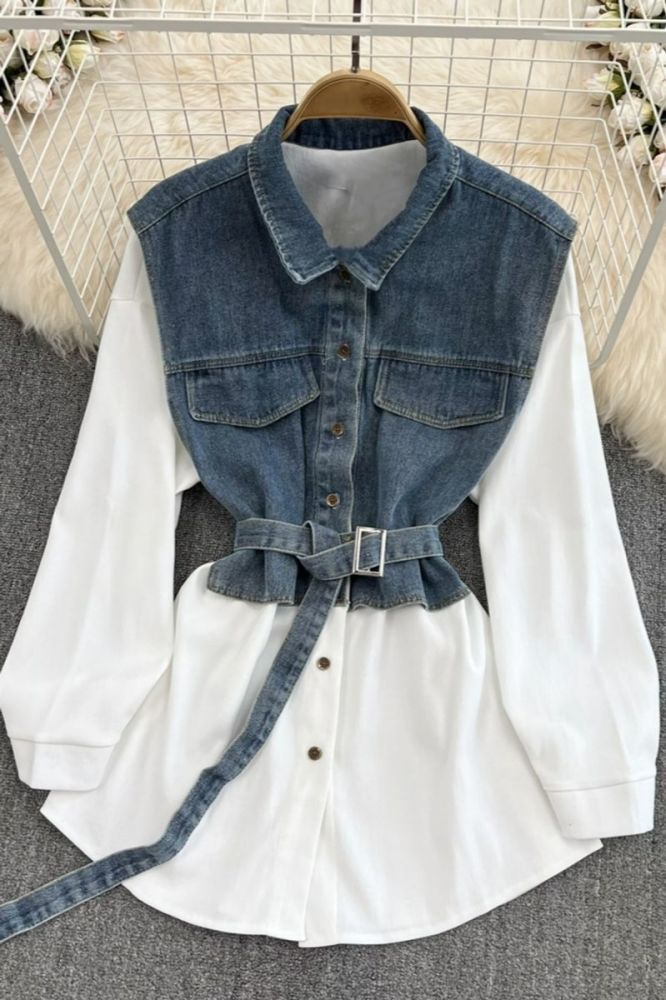 White Belted Long Sleeve Denim Patchwork Mini Shirt Dress #A25687 Size: S