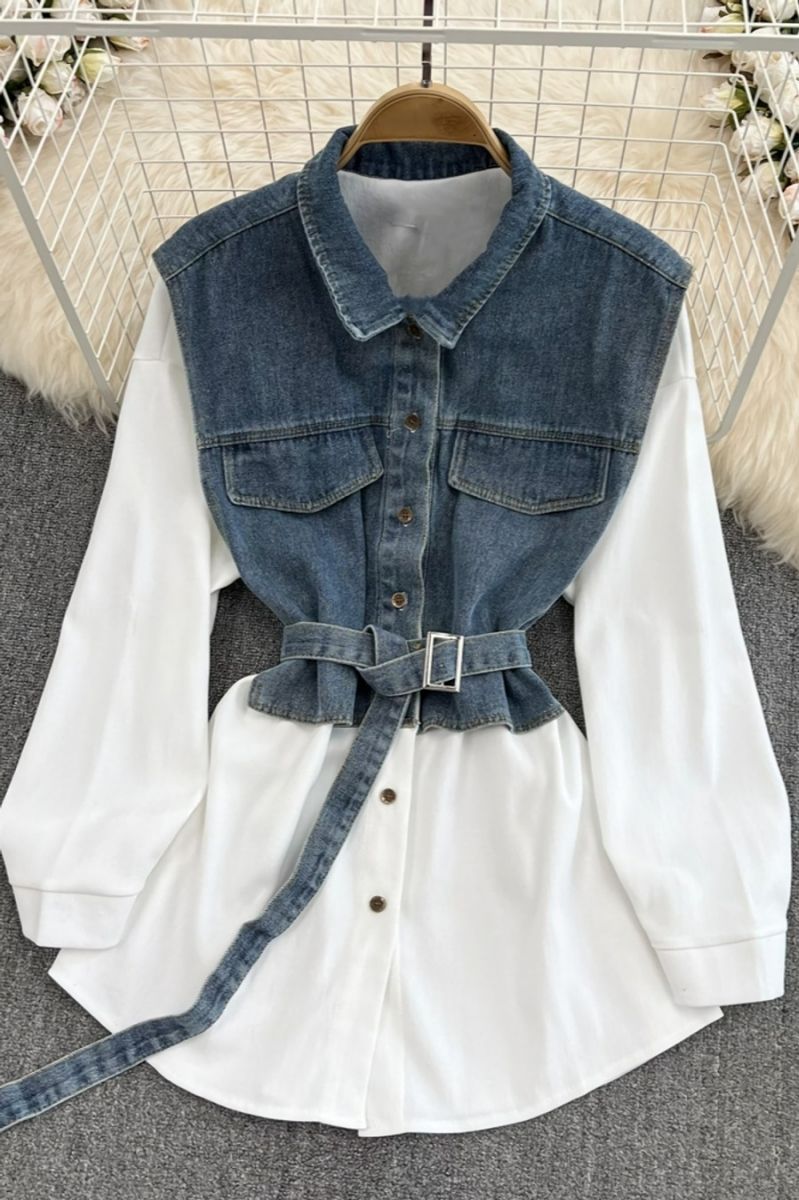 White Belted Long Sleeve Denim Patchwork Mini Shirt Dress Size: OS
