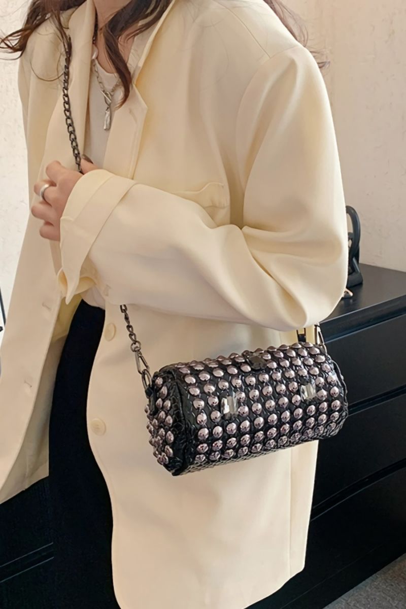 Black Geometry Rhinestone ZipUp Crossbody Bag
