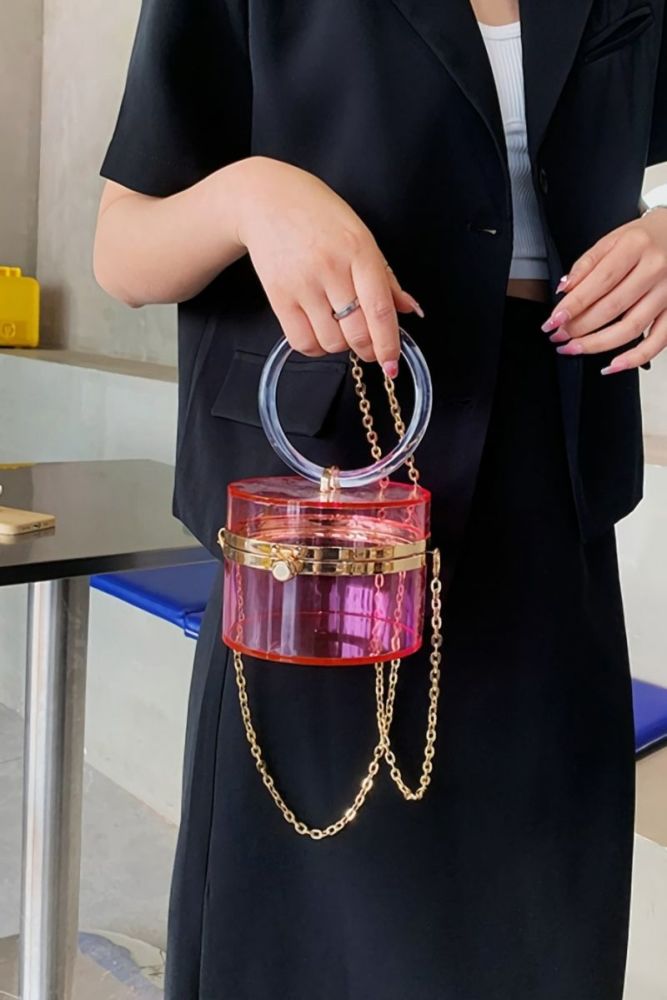 New Markdown Pink See-Through Acrylic Crossbody Handbag 12.5cm(L) 9cm(W) 9cm(H)