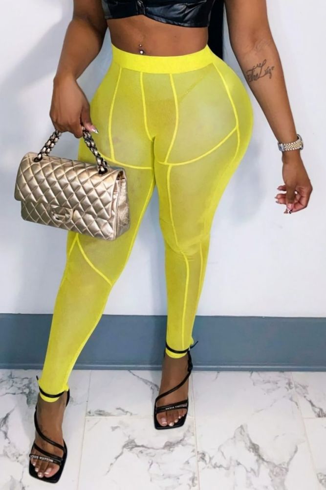 Yellow Stretch See Through Mesh Long Tights