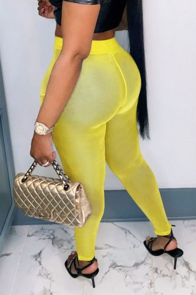 Yellow Stretch See Through Mesh Long Tights