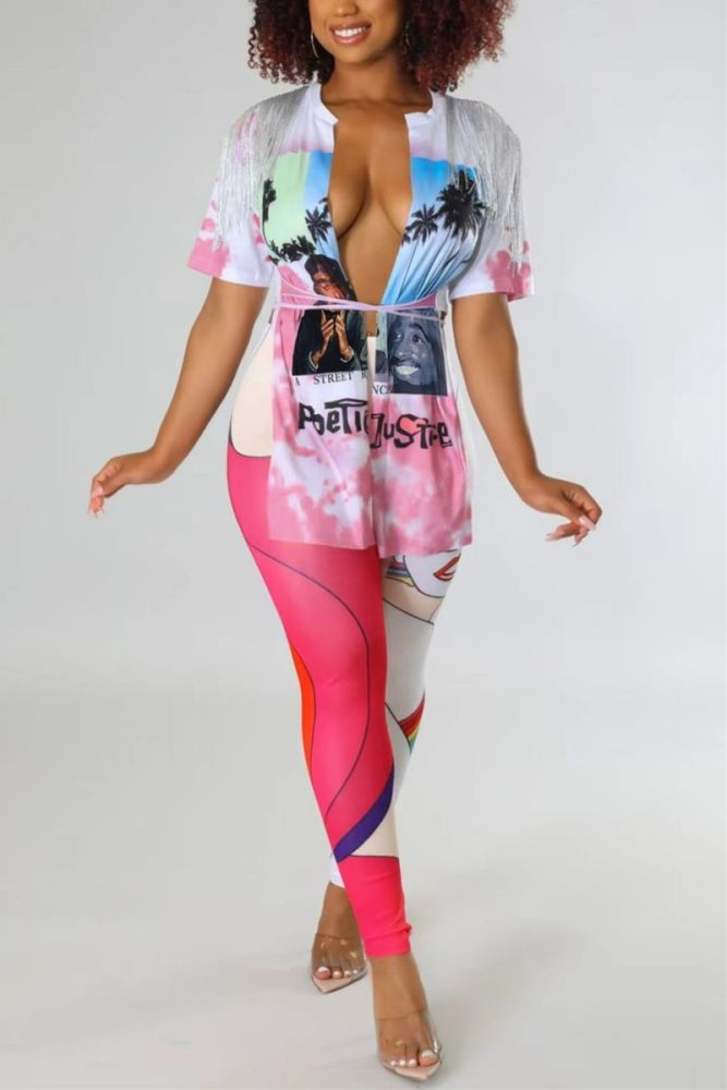 Printed Lace-Up Short Sleeve Stretch Pants Set Size: 1XL