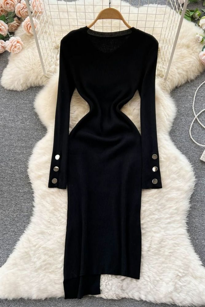 Black Crew Neck Long Sleeve Stretch Slim Fit Midi Dress #B25687 Size: ML
