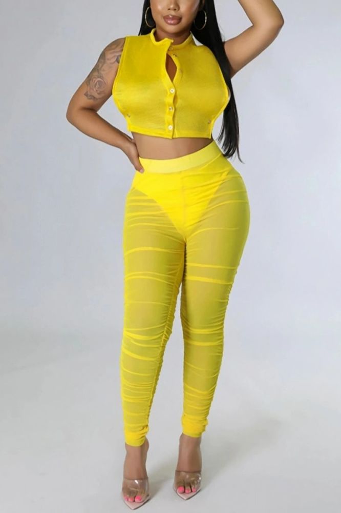 Yellow Crew Neck Sleeveless Mesh Pants Set Size: M
