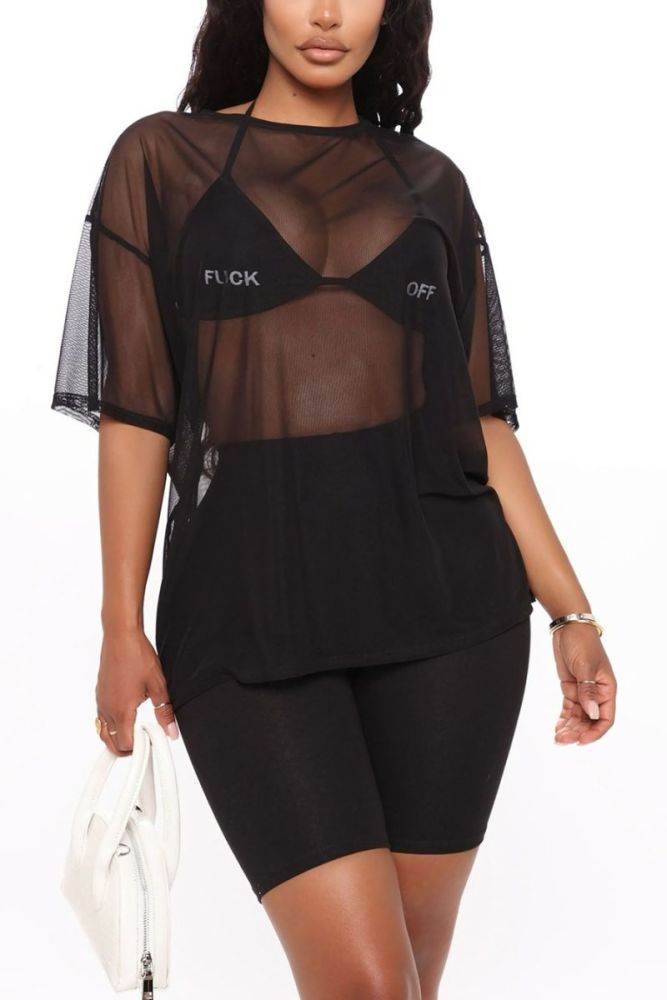 Black See Through Mesh High Stretch Short Sleeves Shorts Set (without bra) Size: 1XL