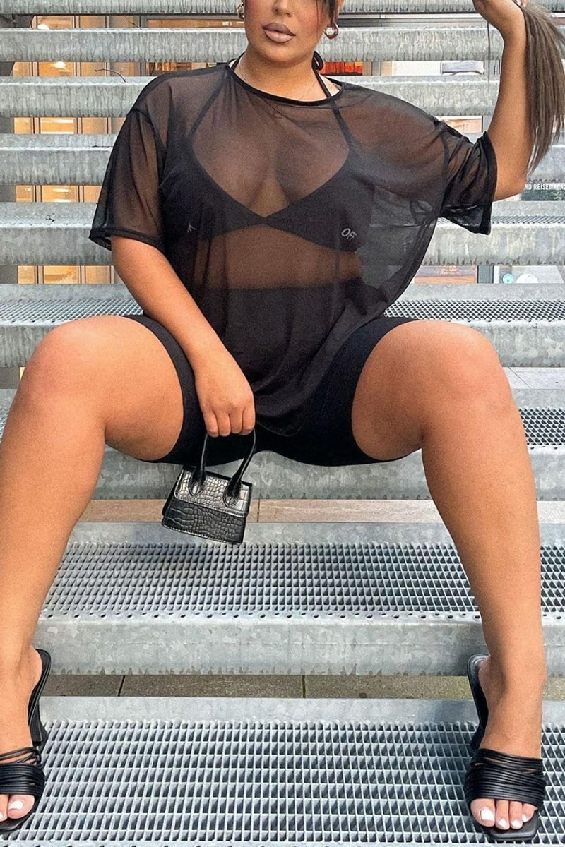 Black See Through Mesh High Stretch Short Sleeves Shorts Set (without bra) 