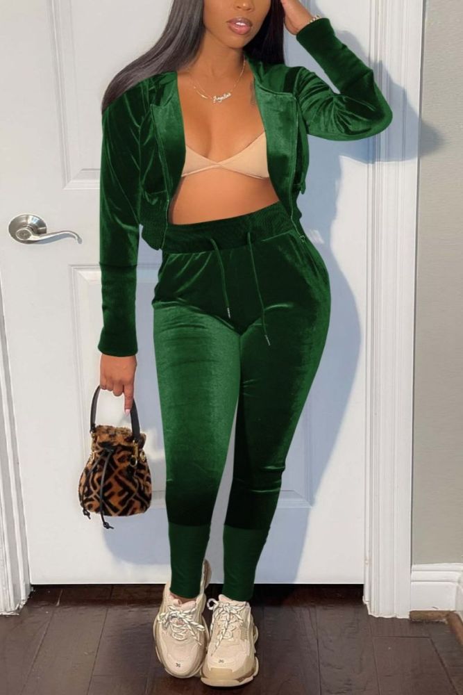 Green Velvet Stretch Zip-Up Hooded Pants Set Size: M