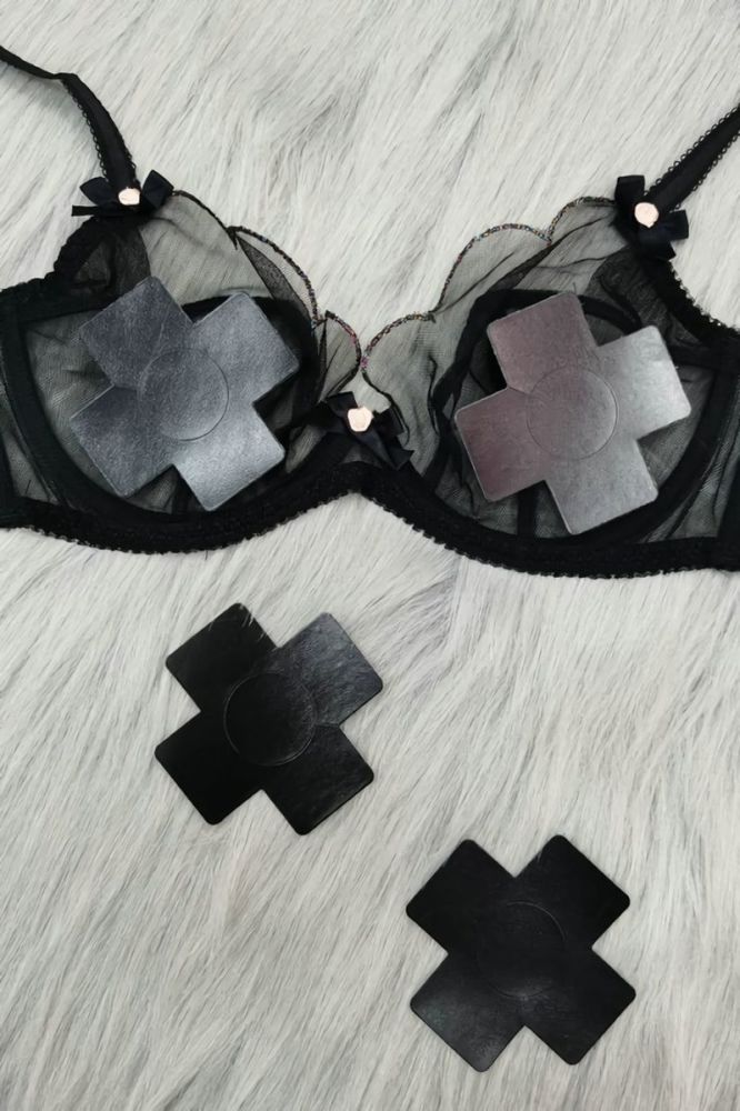 Black Seamless Pu Cross Shape Nipple Pad Cover (length:8cm)