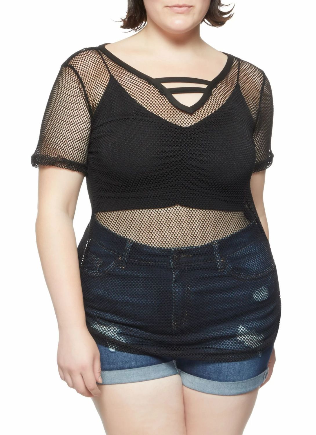 Black Caged V-Neck Fishnet Tee Size: 2XL