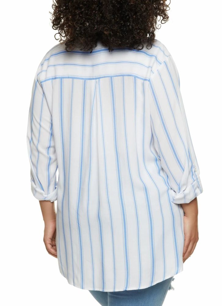 Striped Long Sleeve Blouse Baby Blue Top Size: 2XL