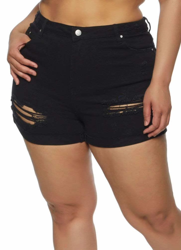 #6956318 Black Raw Hem Distressed Denim Shorts Size: 22 (3XL)