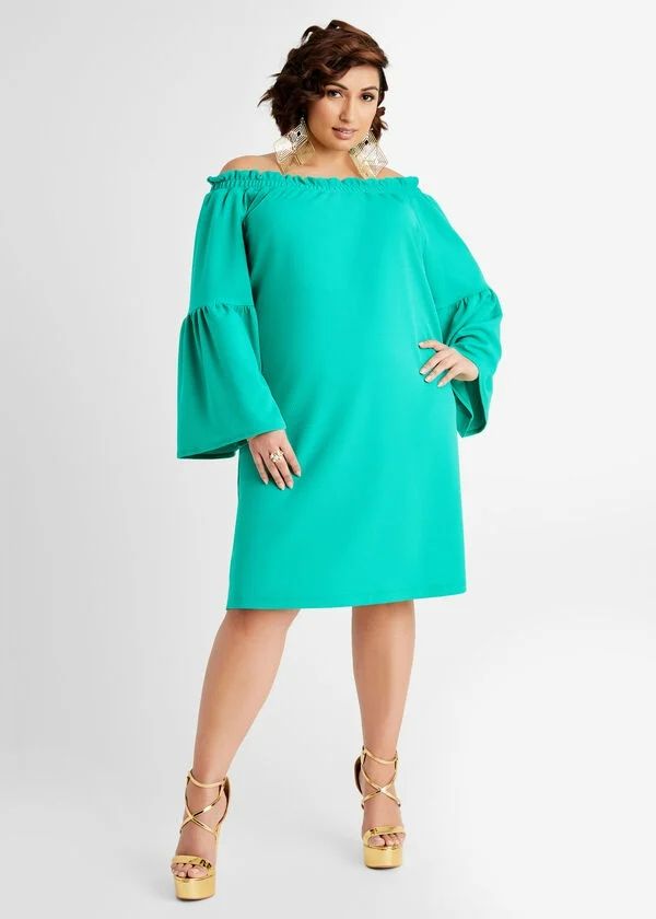 Deep Green Off The Shoulder Bell Sleeve Dress Size: