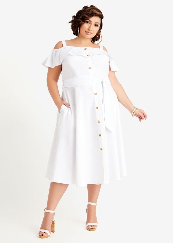 White Poplin Cold Shoulder Midi Dress #C7777 Size: 14/16 (1XL)