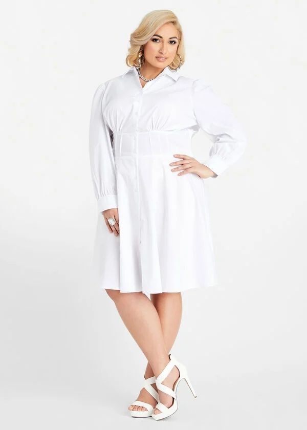 White Corset Waist Lace Up Shirtdress Size: 34