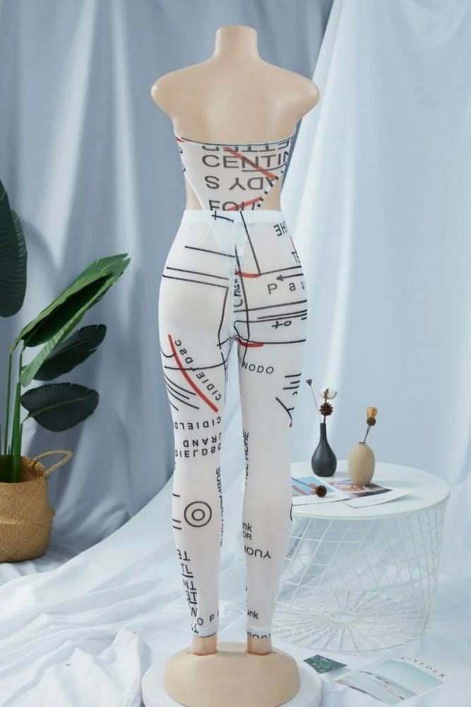 White Letter Print Mesh See Through Stretch Tights Size: SM