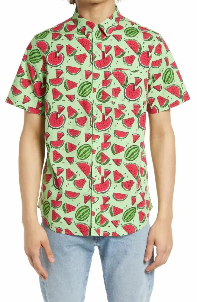 Watermelon Slice Short Sleeve Poplin Button Front Shirt Size: M