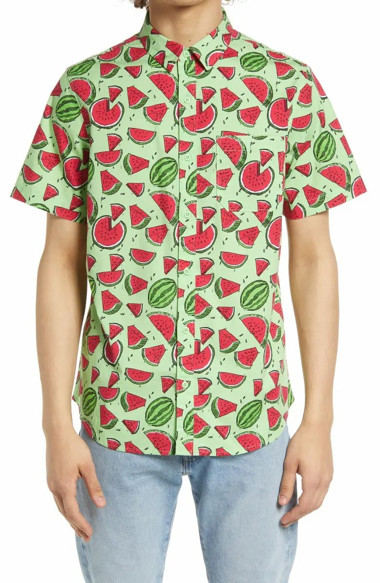 Watermelon Slice Short Sleeve Poplin Button Front Shirt Size: