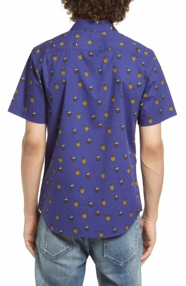 Blue Naval Coconut Drink Graphic Short Sleeve Poplin Shirt Size: L