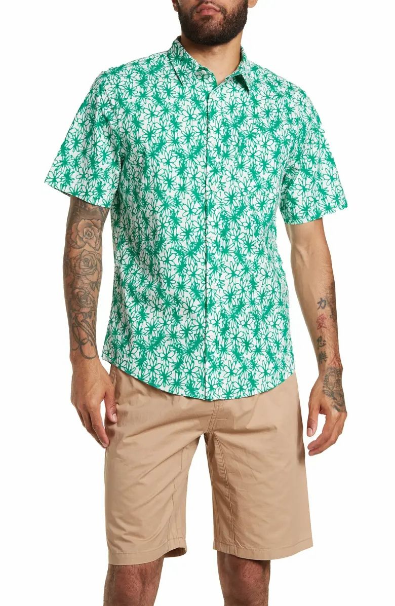 White-Green Spray Floral Abound Short Sleeve Printed Poplin Shirt Size: X-L