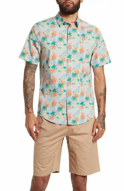 Blue Fog Tropical Print Short Sleeve Poplin Shirt Size: L