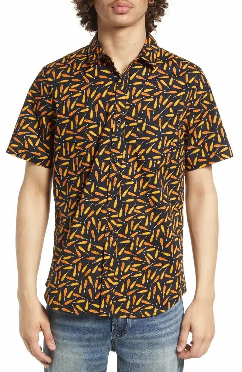 Black Print Hotdogs Graphic Short Sleeve Poplin Shirt Size: M