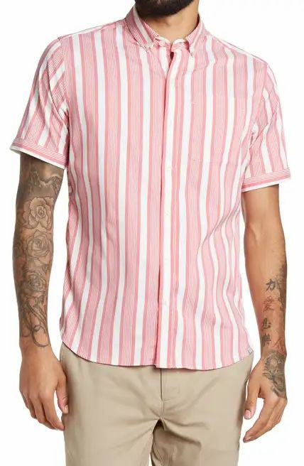 Tommy Red Resort Stripe Short Sleeve Button-Up Performance Shirt Size: S