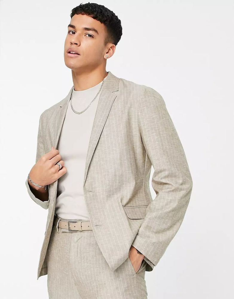 Stone Stripe Slim Soft Tailored Suit Jacket Size: 42