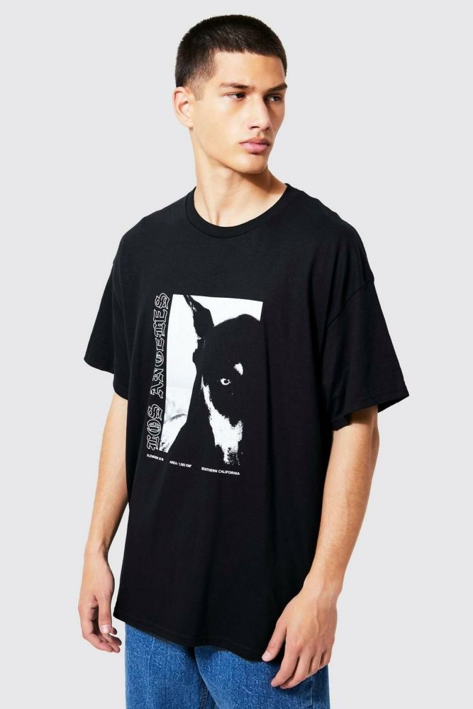Oversized Black Photographic Dog Graphic Print T-shirt Size: M