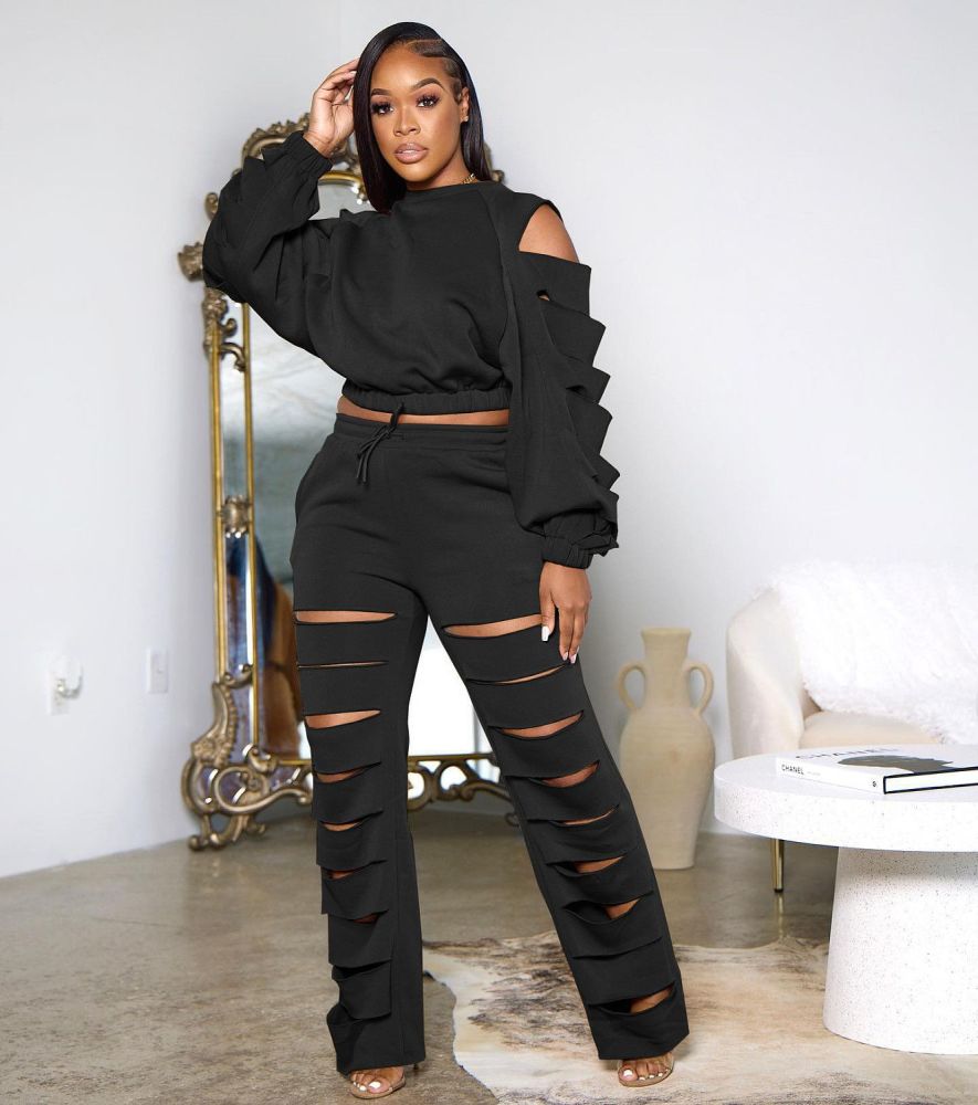 Black Loose Cut Out/Crop Tops Pants Suit Size: 1XL