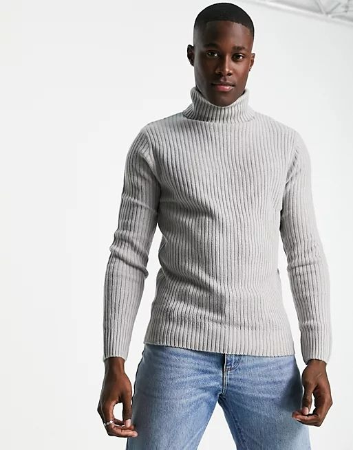 Light Gray Sweater Muscle Fit Ribbed Turtleneck Size: M