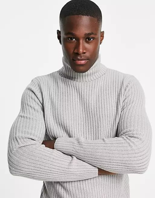 Light Gray Sweater Muscle Fit Ribbed Turtleneck Size: M