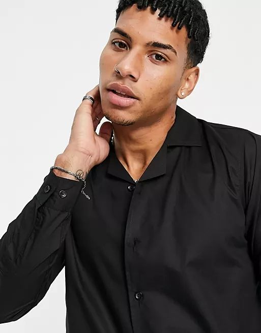 Black Long Sleeve Revere Collar Shirt Size: L