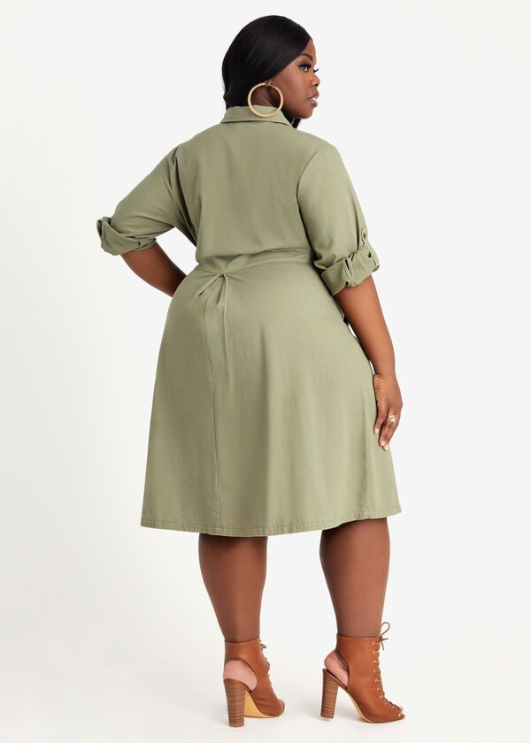 Green Cotton Tie Front Shirtdress #F5768 Size: 2XL