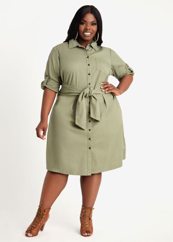 Green Cotton Tie Front Shirtdress #F5768 Size: 2XL
