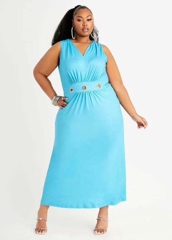 Blue Sleeveless Grommet Waist Stretch Maxi Dress #C45362 Size: 12 (L)