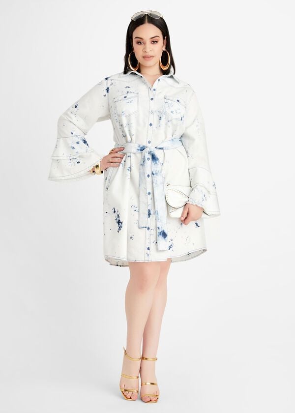 Long Bell Sleeves Paint Splatter Denim Shirt Dress #D1901 Size: 1XL