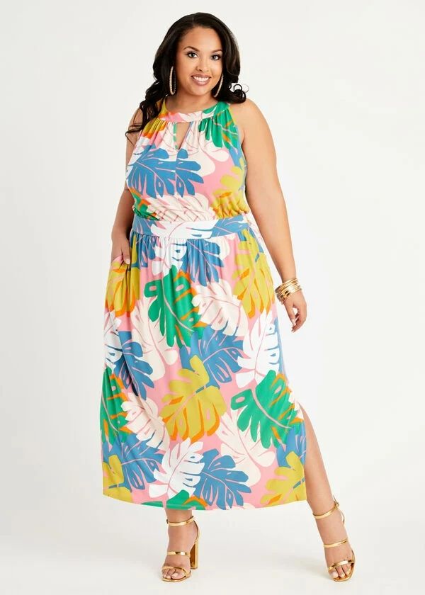 Tropical Print Multicolor Keyhole Halter Maxi Dress #G7869 Size: 3XL