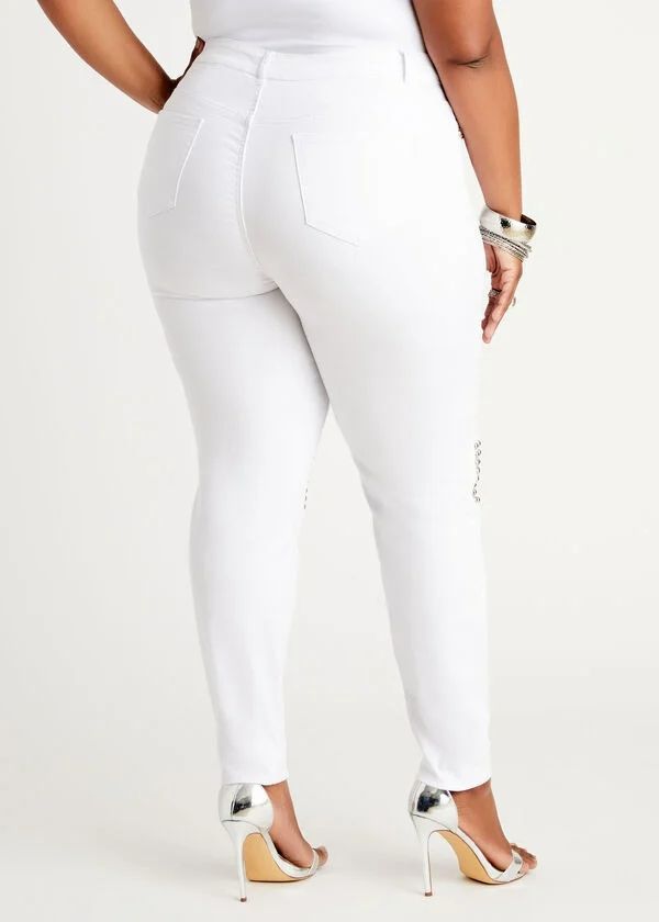 White Stud Trims Hight-rise Stretch-Denim Skinny Fit Jeans Size: 24 (3XL)