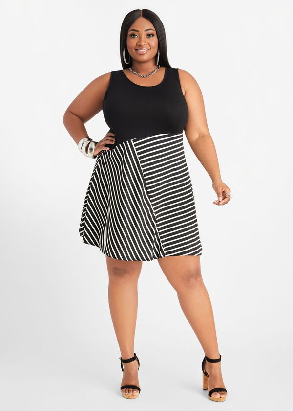 Stretch Knit Sleeveless Colorblock Stripe Detail Dress J003 Size: 6XL