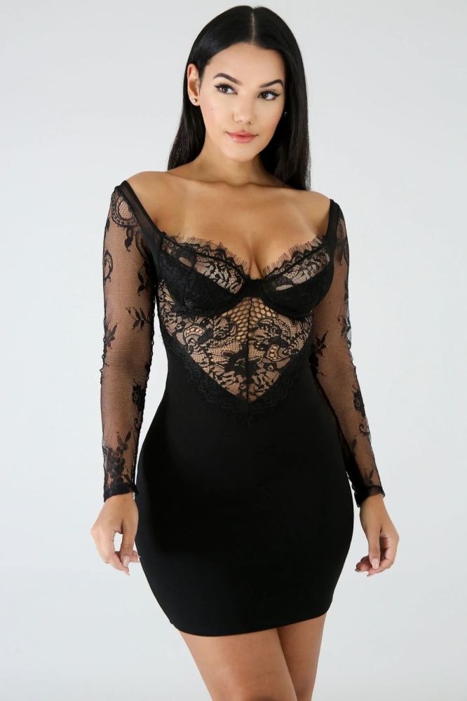 Black Lace Mesh Off Shoulder Long Sleeve Bodycon Dress #A8A45 Size: S