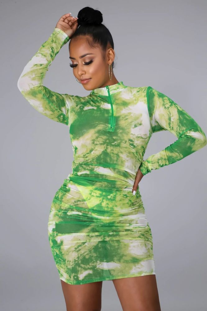 Green Printed In The Night Dress #C48C7 Size: L