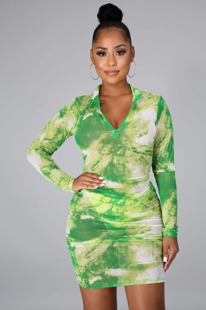 Green Printed In The Night Dress #C48C7 Size: L