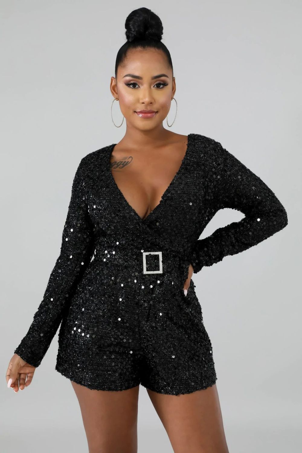 Black Sequin Long Sleeves Self Tie Waist Belt Romper Size: M