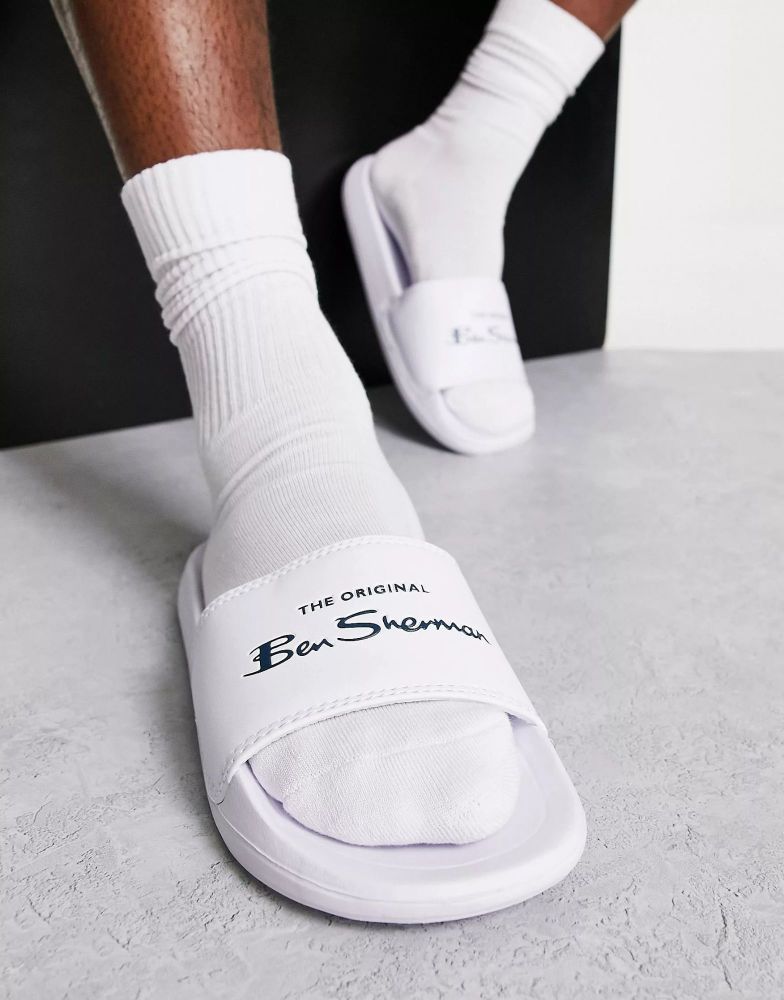 Ben Sherman White Logo Print Slippers Size: 9