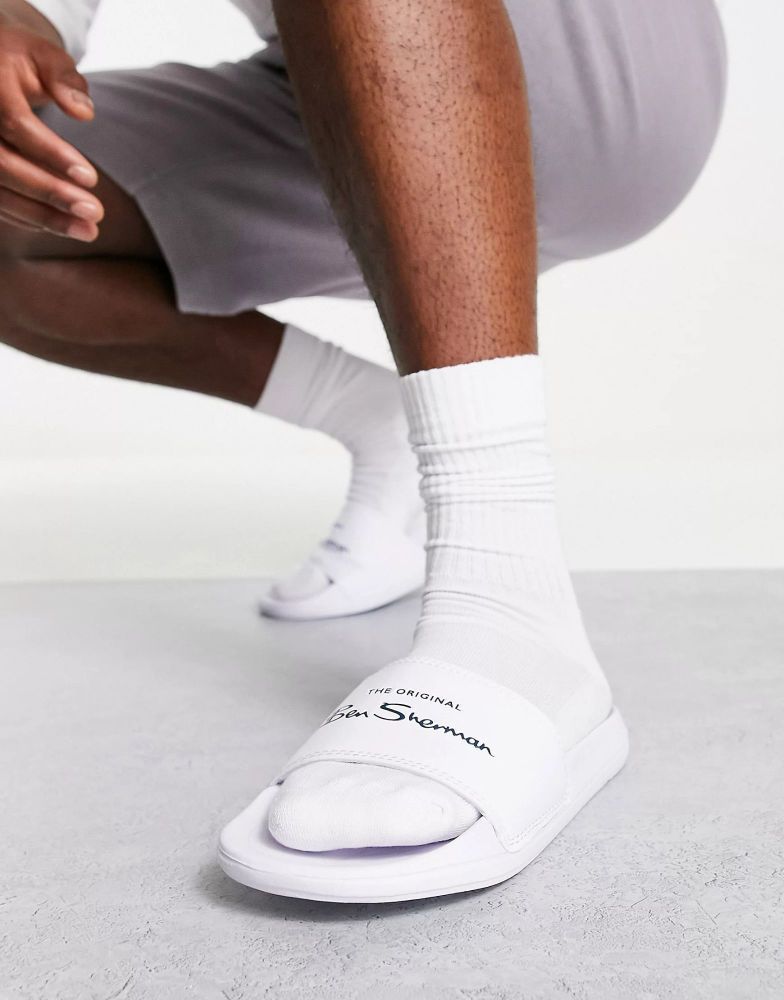 Ben Sherman White Logo Print Slippers Size: 10