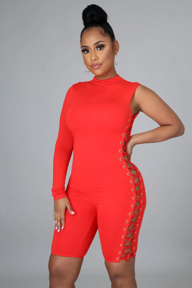 You're Mines Still One Sleeve Style Red Playsuit Size: M