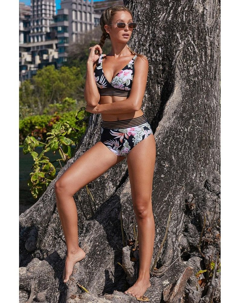 Black Floral Print High Waisted Swimsuit Size: 1XL