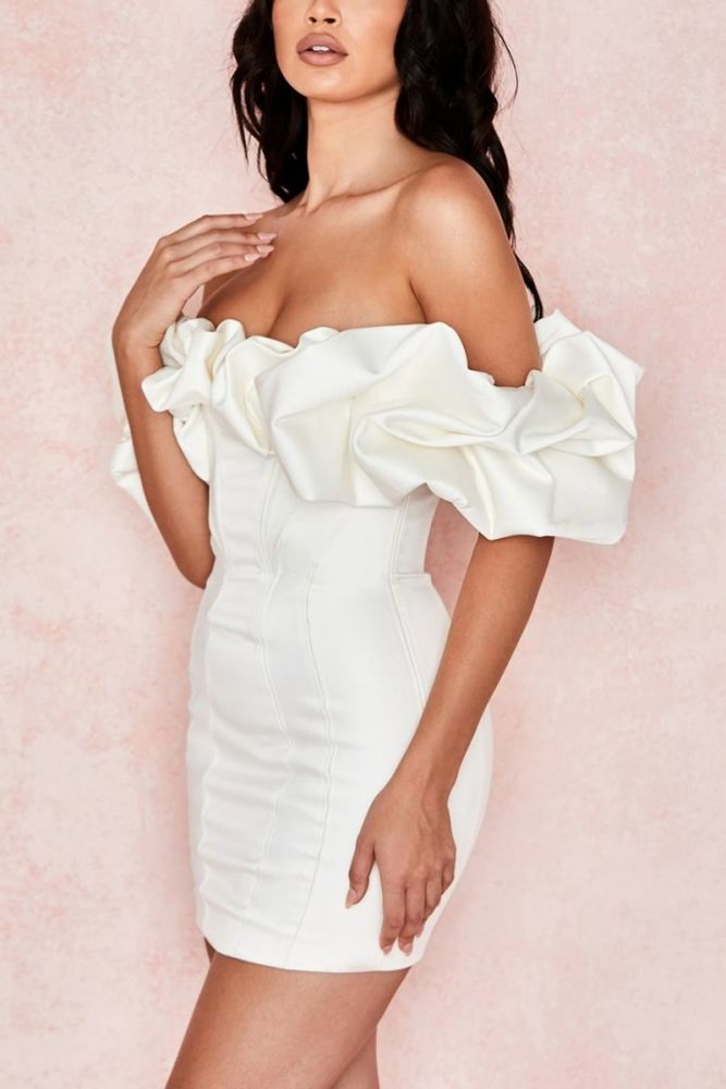 #BN675 White Satin Off-The-Shoulder Ruffle Backless Zip-Up Mini Dress Size: M